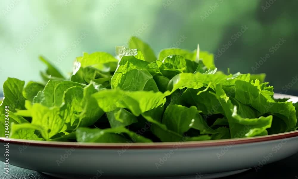 Freshly harvested green leaves on a plate, showcasing vibrant colors and textures, with a blurred natural background suggesting a garden setting Freshly harvested green leaves on a plate, showcasing vibrant colors and textures, with a blurred natural background suggesting a garden setting