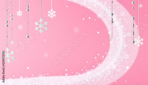 Winter abstract design creative concept, hanging snow icon confetti glitter on pink background. Copy space text area. 3D rendering illustration, hyperrealism. isolated with white shades