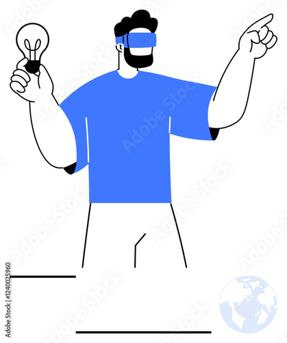 Person in a VR headset holding a light bulb, pointing confidently forward. Ideal for technology, innovation, creativity, solutions, virtual reality, future vision, abstract line flat metaphor