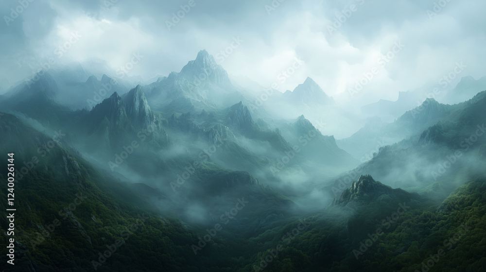 Obraz premium Majestic Dawn Over a Serene Mountain Range Enveloped in Mist and Soft Light. Generative AI