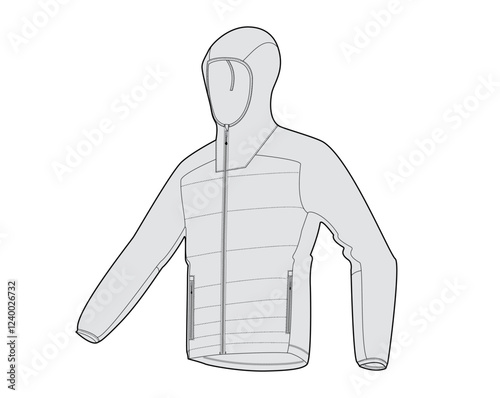 Hooded down sports jacket technical CAD fashion illustration angle view