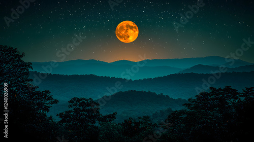 Lunar Eclipse Over Mountains: A mesmerizing view of a full moon in a total lunar eclipse, casting an ethereal orange glow over a range of distant mountains.  The stars glimmer in the night sky.