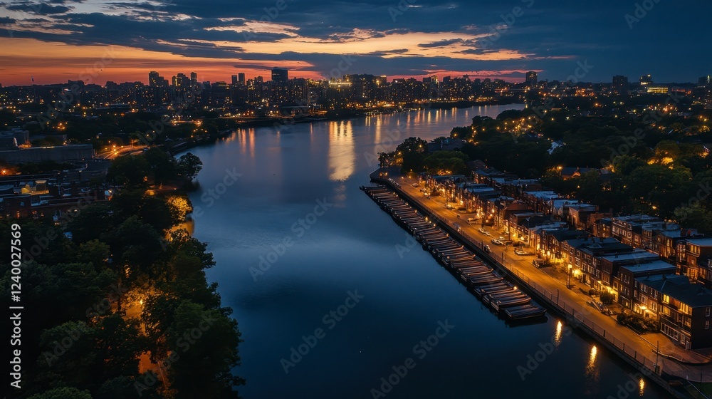 Fototapeta premium Philadelphia aerial view featuring Boathouse Row along the Schuylkill River at night