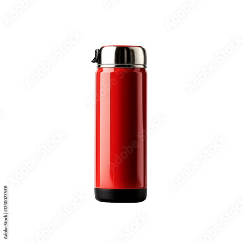 A sleek, red thermos with a shiny metal lid, designed for keeping beverages hot or cold.