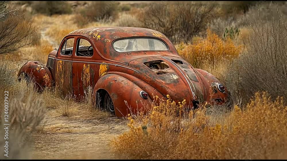 An abandoned vintage car, rusting in a field of dry grass and wildflowers.