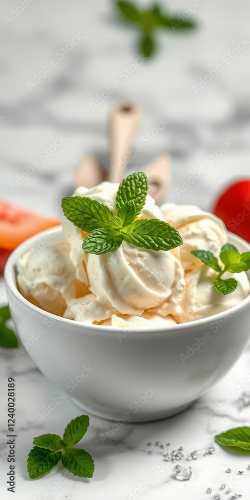 Creamy vanilla ice cream served in a white bowl garnished with fresh mint leaves on a marble countertop Creamy vanilla ice cream served in a white bowl garnished with fresh mint leaves on a marble countertop