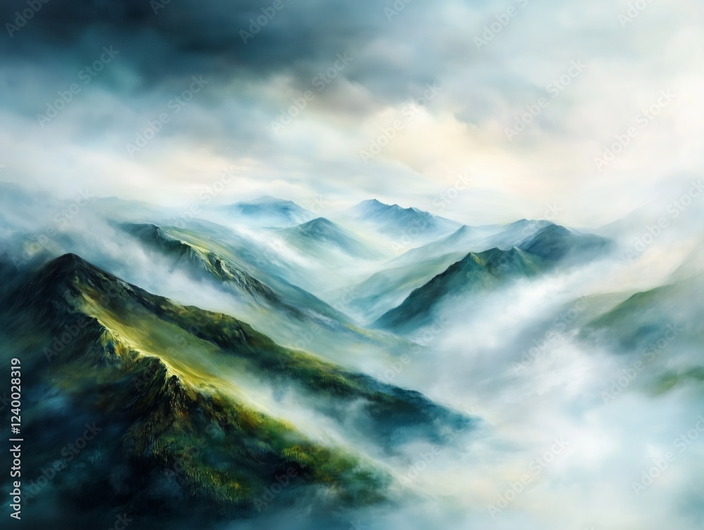 Fototapeta premium A misty mountain range with drifting fog and peaks.