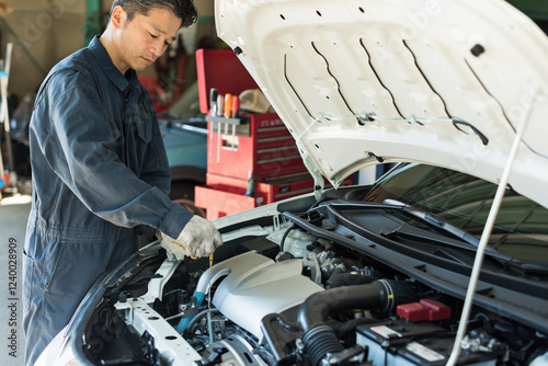 自動車整備をする40代男性整備士