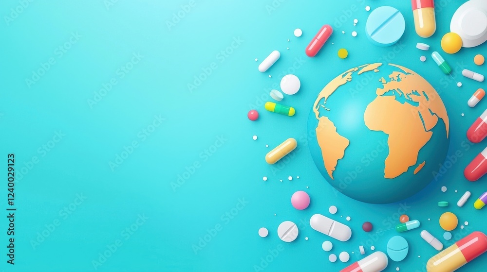 Naklejka premium Global Health Concept with Colorful Pills and Capsules