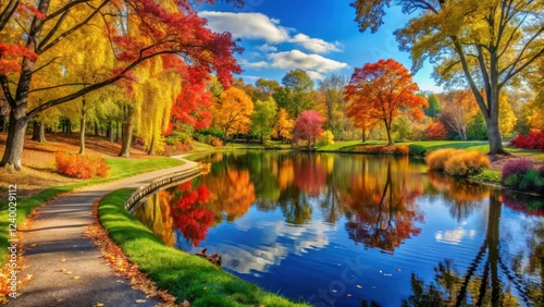 A serene lake reflects the vibrant colors of autumn leaves surrounding a park's walking trail surrounded by trees and flowers in full bloom, nature, scenic views