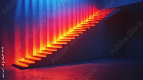 Neon-lit stairs ascend in dark room, background wall