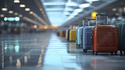 Suitcases in an airport lounge, natural light enhancing textures, symbolizing travel and adventure.