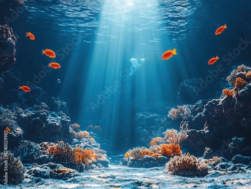Fototapeta Naklejka Na Ścianę i Meble -  Sunlit coral reef with vibrant orange fish swimming in deep blue ocean water