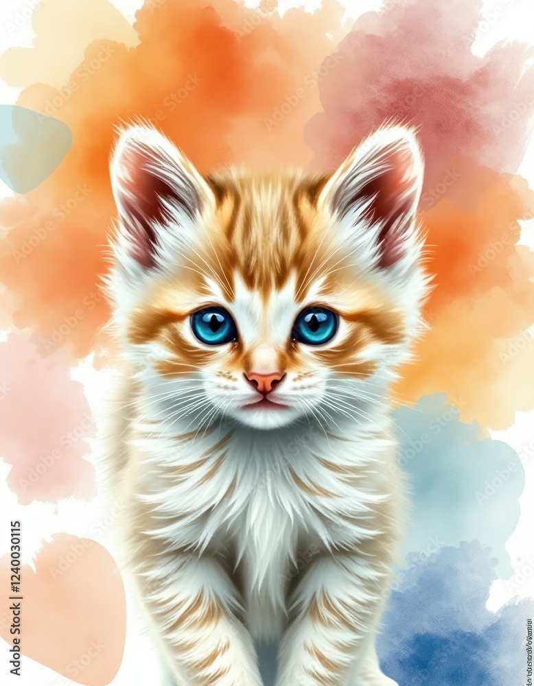 Fototapeta premium Cute fluffy kitten with bright blue eyes and orange accents in a colorful background
