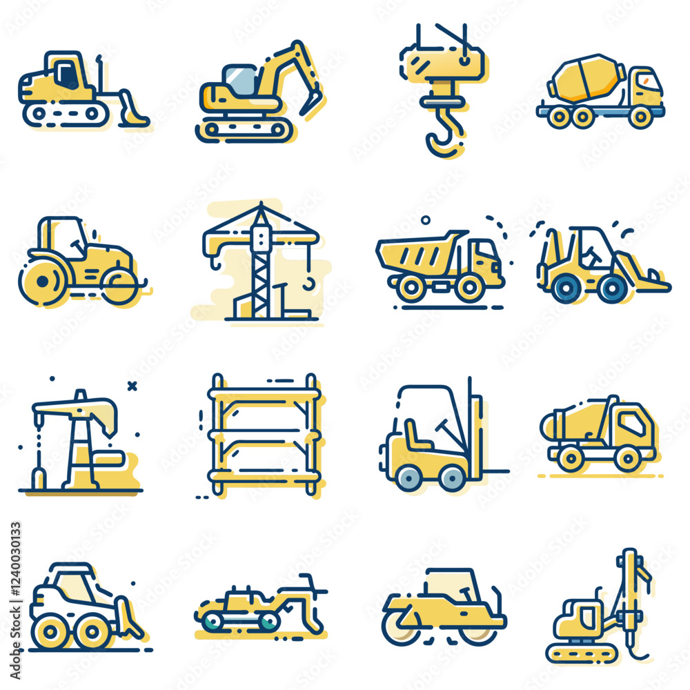 custom made wallpaper toronto digitalConstruction Vehicles Icon Set: A vibrant collection of 16 construction vehicle icons in a modern flat style, featuring yellow and blue colors for a bold and eye-catching visual.