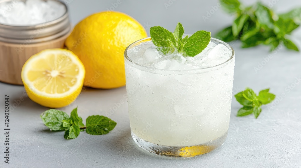 Refreshing lemon mint drink, ice, grey background, summer recipe Refreshing lemon mint drink, ice, grey background, summer recipe