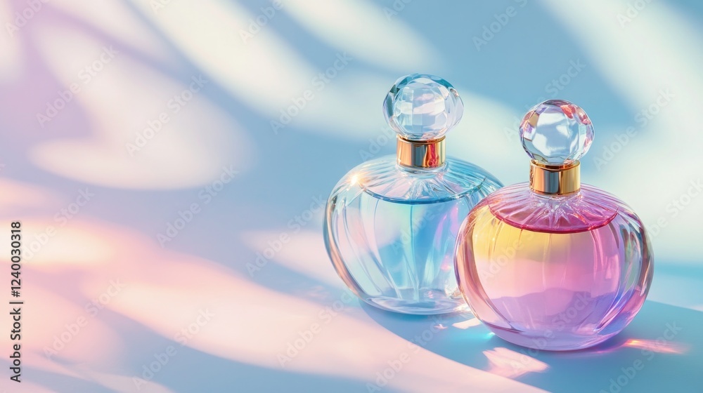 Pastel perfume bottles on iridescent surface Pastel perfume bottles on iridescent surface