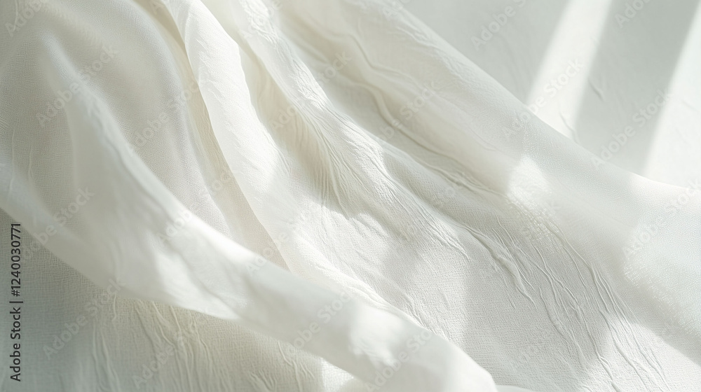 Obraz premium Soft White Fabric Drapes Gracefully Under Gentle Sunlight in a Serene Indoor Setting. Generative AI