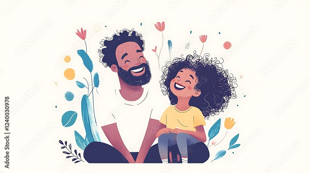 Playful father and daughter smiling in a floral illustration Playful father and daughter smiling in a floral illustration