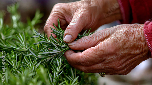 People Gather Fresh Herbs from the Garden Outdoor Setting Nature Activity Close-up View Organic Lifestyle photo