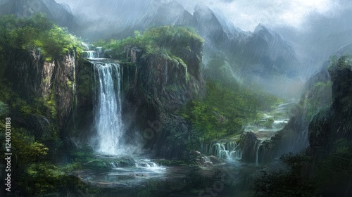 Majestic Waterfall in a Misty Mountain Valley