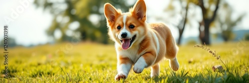 A young corgi puppy, red and white in color, is captured mid-stride, bounding across a field of bright green grass photo