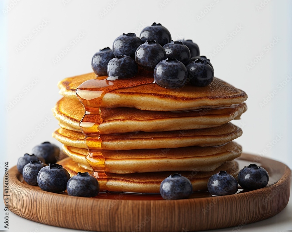 A realistic photo a stack of pancakes drizzled with maple syrup and topped with fresh blueberries. Stack of pancakes. Blueberries pancakes. Isolated on white background A realistic photo a stack of pancakes drizzled with maple syrup and topped with fresh blueberries. Stack of pancakes. Blueberries pancakes. Isolated on white background