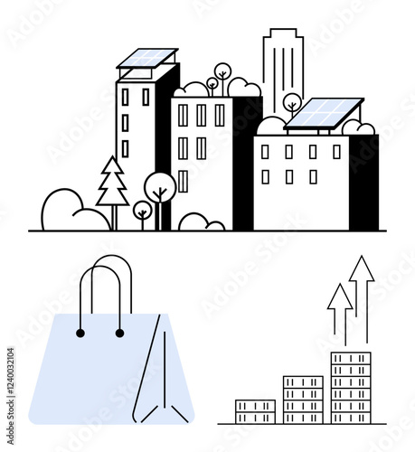 Urban buildings with rooftop solar panels and trees, shopping bag emphasizing eco-conscious consumerism, and bar charts illustrating economic growth. Ideal for sustainability, urban planning