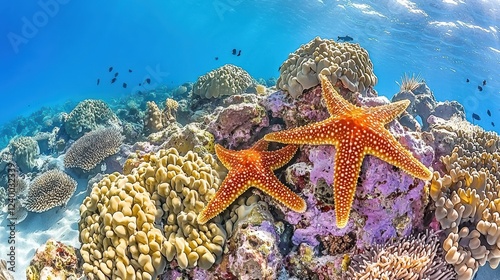 Fototapeta Naklejka Na Ścianę i Meble -  Underwater adventure starfish and coral reef great barrier reef nature photography vibrant marine environment