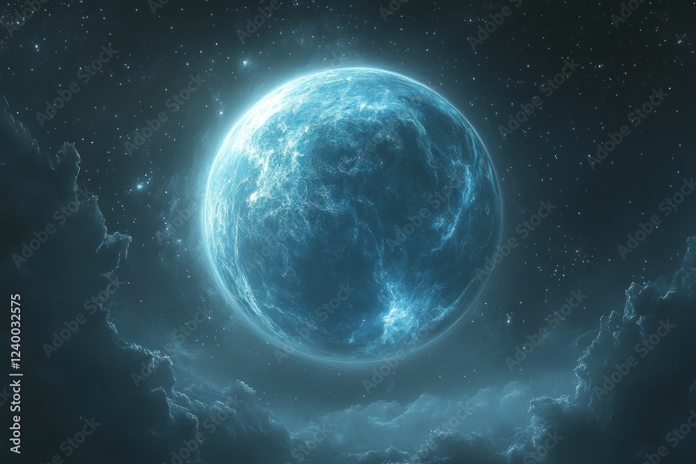 Fototapeta premium Glowing Blue Planet in Cosmic Space Nebula with Ethereal Glow and Twinkling Stars