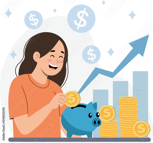 Illustration of a woman sitting at a table and putting a dollar coin in a piggy bank, focusing on savings and financial planning.