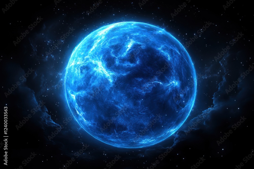 Fototapeta premium Glowing Blue Planet in Cosmic Nebula Background
