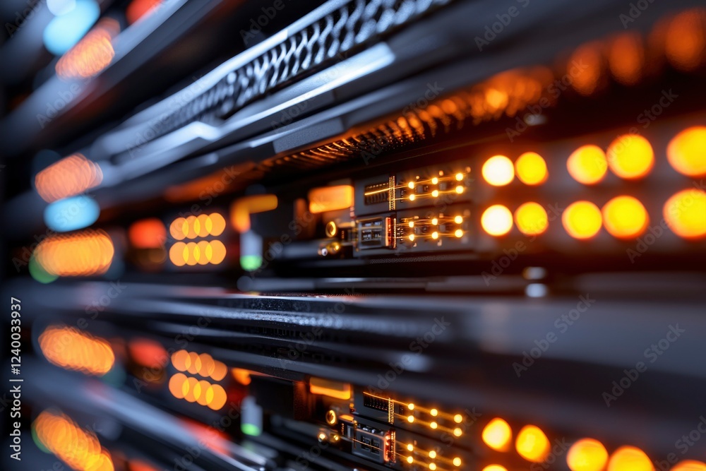 Naklejka premium Illuminated Server Rack Displays Active Network Hardware