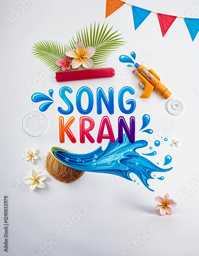 Songkran day, typography water design rainbow color with gun water and water bowl, spalsh water, flower photo