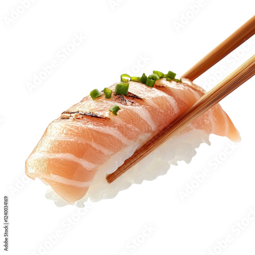 PNG Chopsticks holding hamachi sushi seafood rice delicious. photo