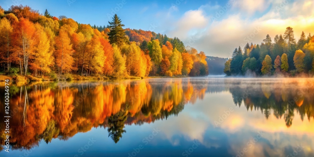 Fototapeta premium Serene lake scene with vibrant autumn leaves reflecting golden hues on its surface surrounded by tall trees and a misty sky , autumn, color changing seasons