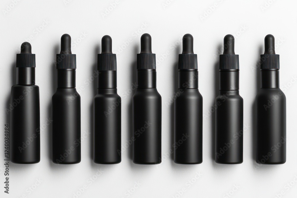 Seven black bottles, dropper, white background, product display, packaging Seven black bottles, dropper, white background, product display, packaging