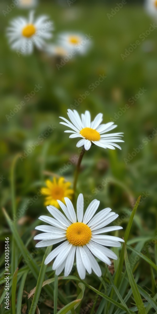 Bright white daisies blooming in a lush green field during springtime Bright white daisies blooming in a lush green field during springtime