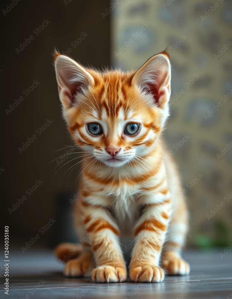 Cute orange-striped kitten exploring a cozy indoor space with soft lighting and gentle textures Cute orange-striped kitten exploring a cozy indoor space with soft lighting and gentle textures