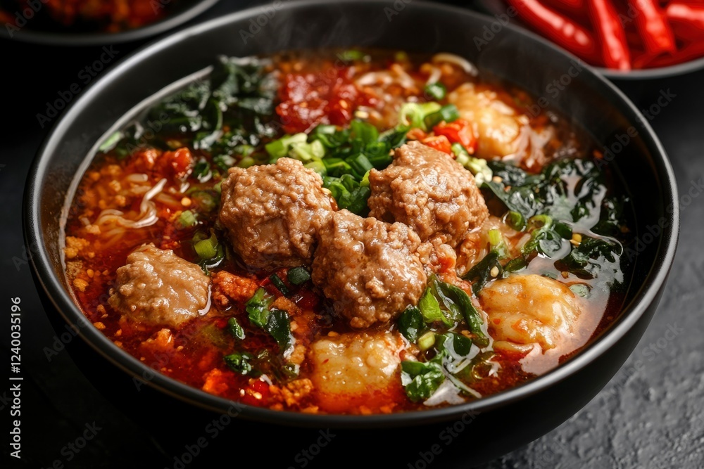 Spicy Meatball Noodle Soup with Greens and Chili Spicy Meatball Noodle Soup with Greens and Chili