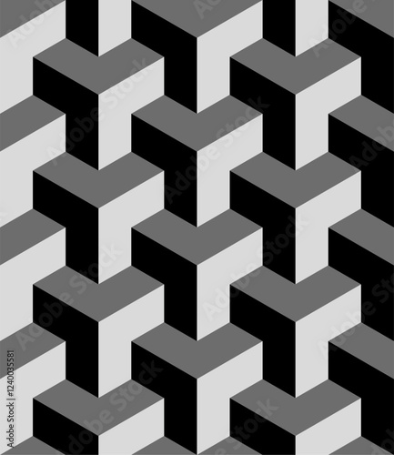 Seamless isometric 3D cube pattern in grayscale. Perfect for modern designs, wallpapers, textures, backgrounds, and architectural or optical illusion effects