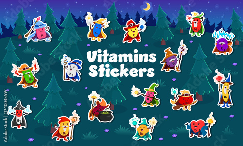 Halloween mage and sorcerer vitamin characters stickers pack. Cartoon vector food supplement capsules dressed as wizards and witches casting spells in whimsical night forest with cauldrons and wands