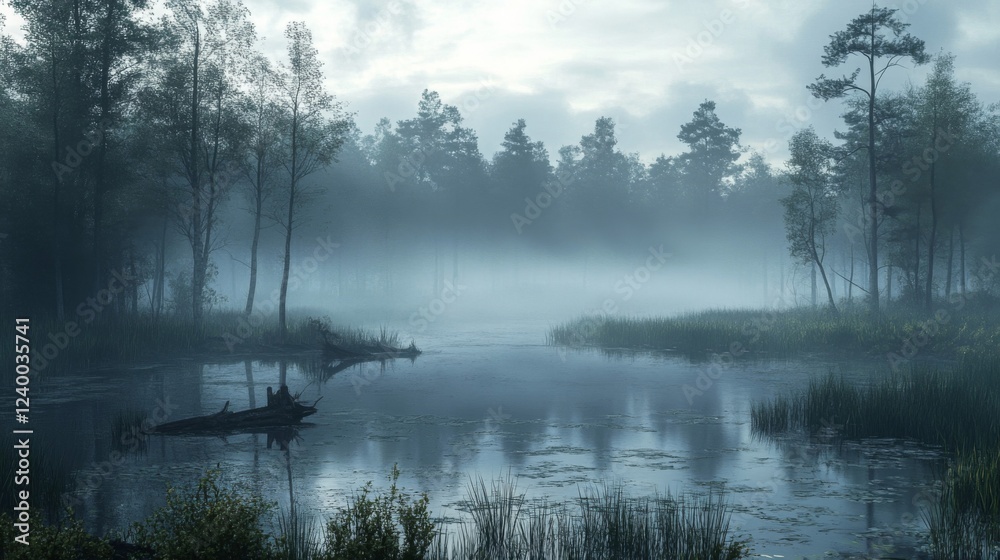 Fototapeta premium Misty Swamp Forest Landscape with Still Water Reflection