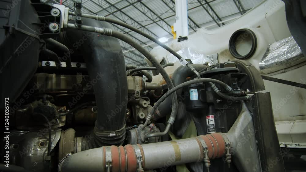 Truck in repair shop with open hood, Various devices and semi truck in a repair shop Truck in repair shop with open hood, Various devices and semi truck in a repair shop