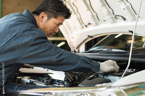 自動車の点検をする40代男性整備士