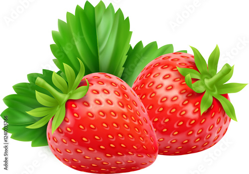 3d realistic raw ripe strawberry fruits accompanied by lush green leaves, emphasize natural beauty, health and deliciousness. Isolated vector fresh berries, healthy food with glossy texture and seeds