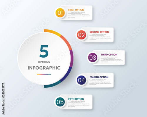 Circle chart infographic template with 5 options for presentations