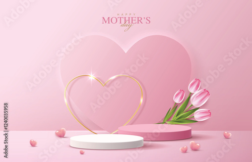 Mother's day for display podium, Valentine's Day with heart and flower. minimal pink background. product display presentation. studio room concept, minimal wall scene. vector design.