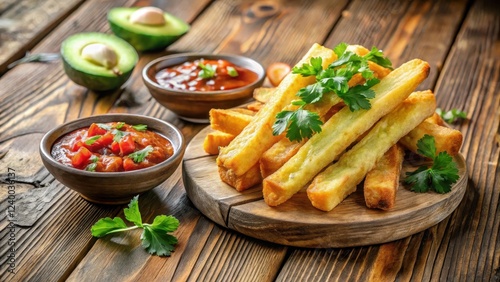 Crispy fried yuca frita on a wooden table with a side of spicy salsa and avocado slices, garnished with fresh cilantro leaves , crispy yuca, fried root vegetable photo