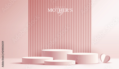Mother's day for display podium, Valentine's Day with heart and flower. minimal pink background. product display presentation. studio room concept, minimal wall scene. vector design.